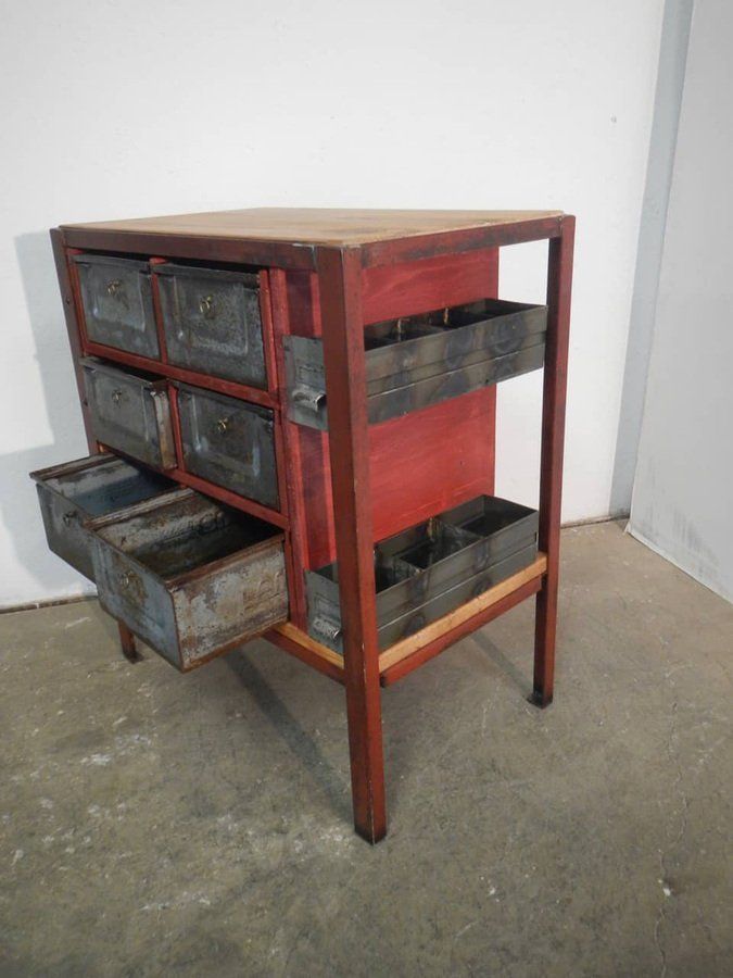 photo furniture Industrial Cabinet With Iron Drawers And Fir Wood Shelves, 1970s