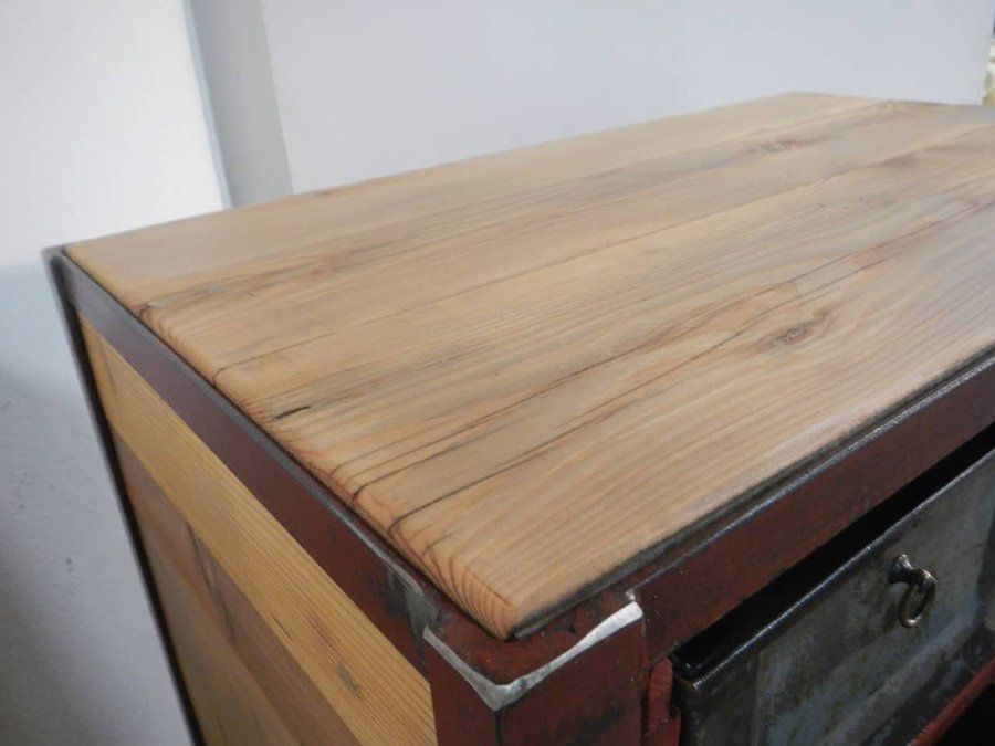 Furniture Industrial Cabinet With Iron Drawers And Fir Wood Shelves, 1970s photo