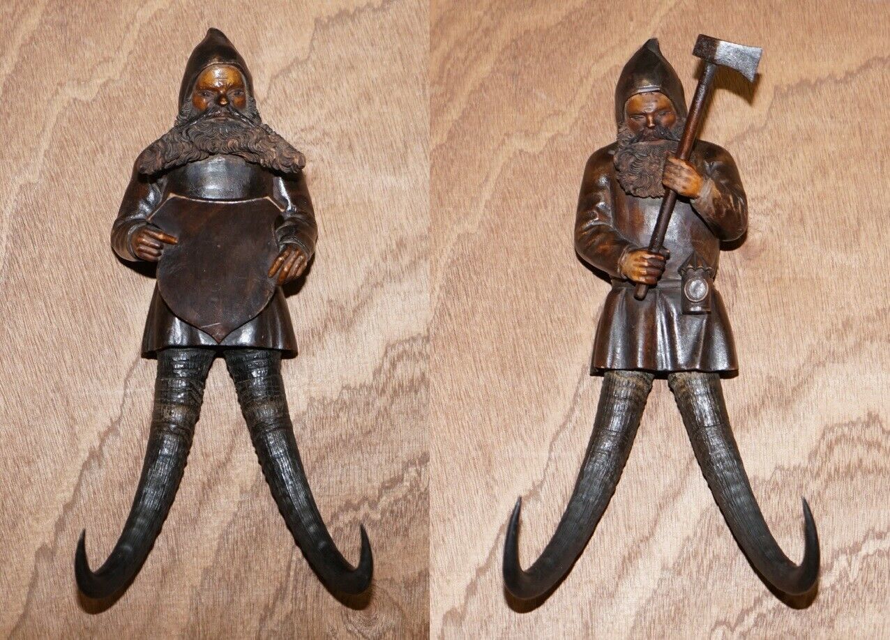 Antique Circa 1880 Pair Of Super Rare Black Forest Hand Carved Dwarf Whip Hooks