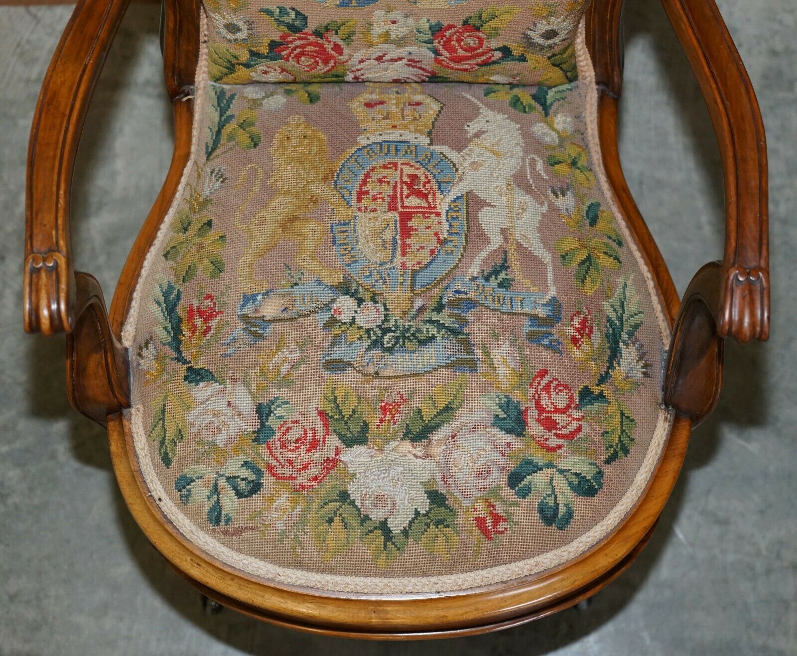 Antique Circa 1860 Victorian Burr Walnut Armchair Royal Coat Of Arms Armorial photo vinterior
