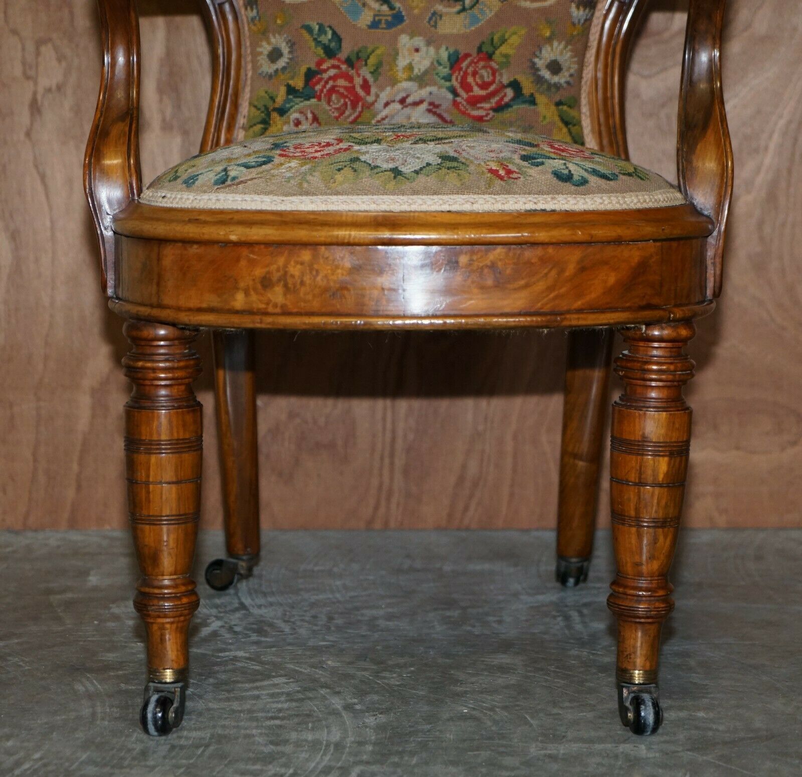 Antique Circa 1860 Victorian Burr Walnut Armchair Royal Coat Of Arms Armorial photo vintage