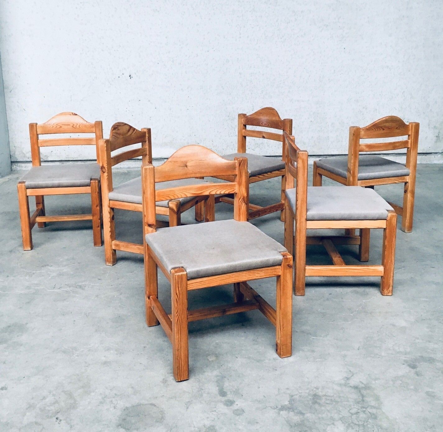 photo for sale 1970's Brutalist Design Square Model Pine Dining Chair Set