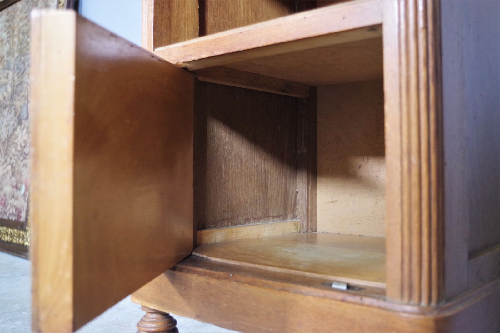 Bedside Table Of The 40s / 50s In Cherry And Beech Wood, With Marble Top And Two Brass Handles. photo vintage