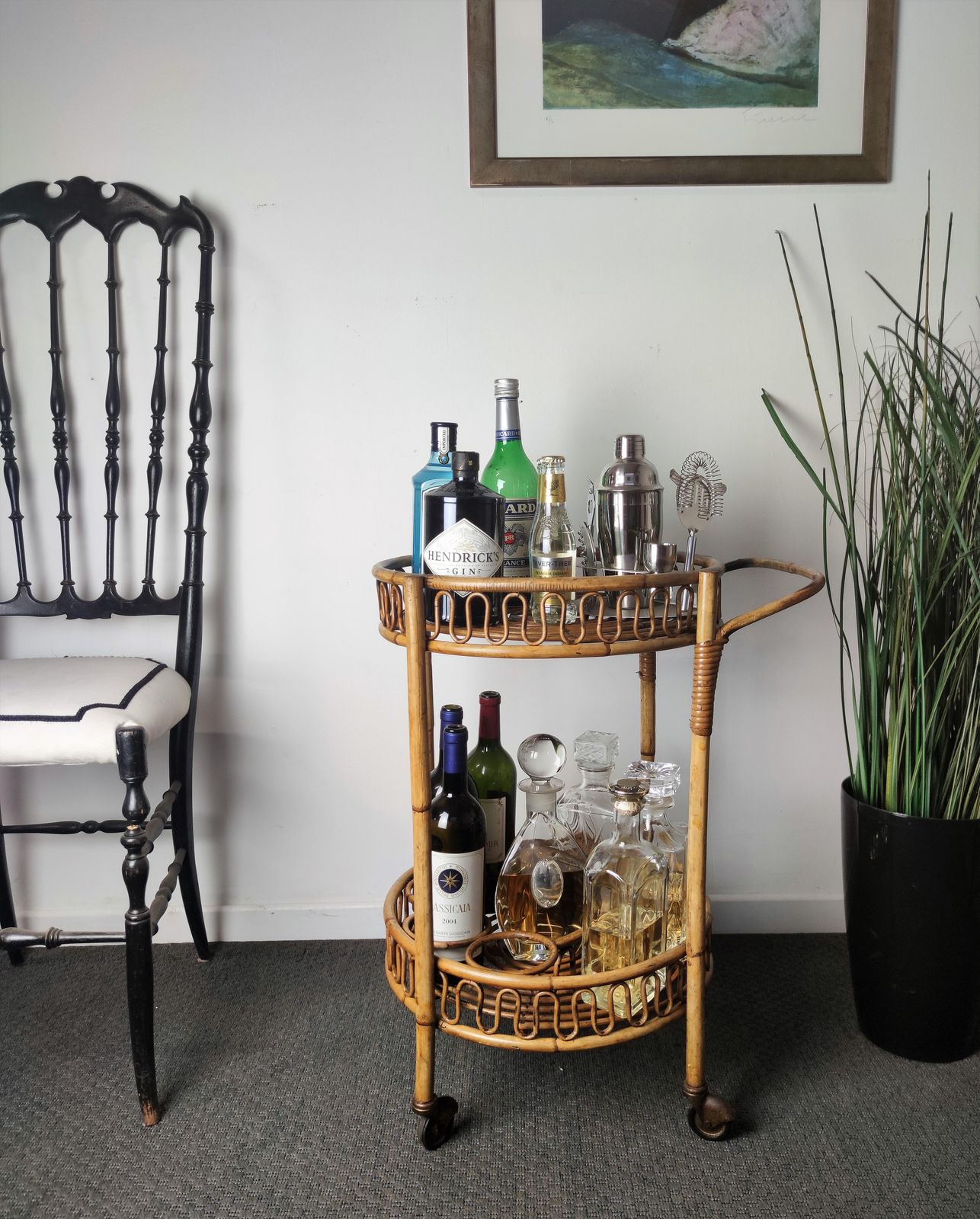 1960s Italian Bamboo Rattan Bohemian French Riviera Round Serving Bar Cart photo Furniture