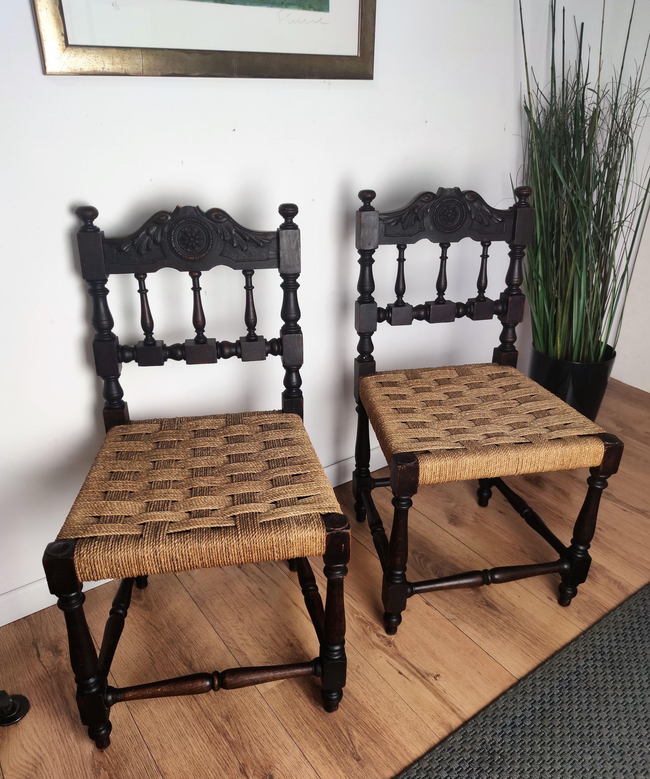 Pair Of 1960s Italian Midcentury Carved Wood And Cord Woven Rope Chairs Stools photo Furniture