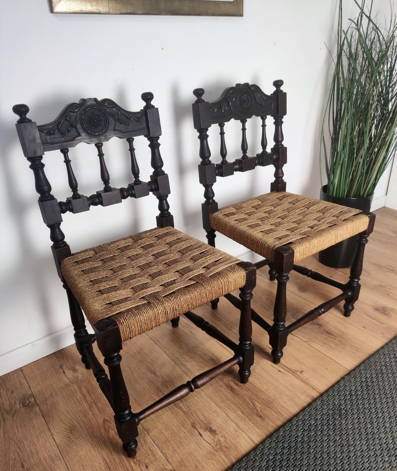 Pair Of 1960s Italian Midcentury Carved Wood And Cord Woven Rope Chairs Stools photo 1190.0