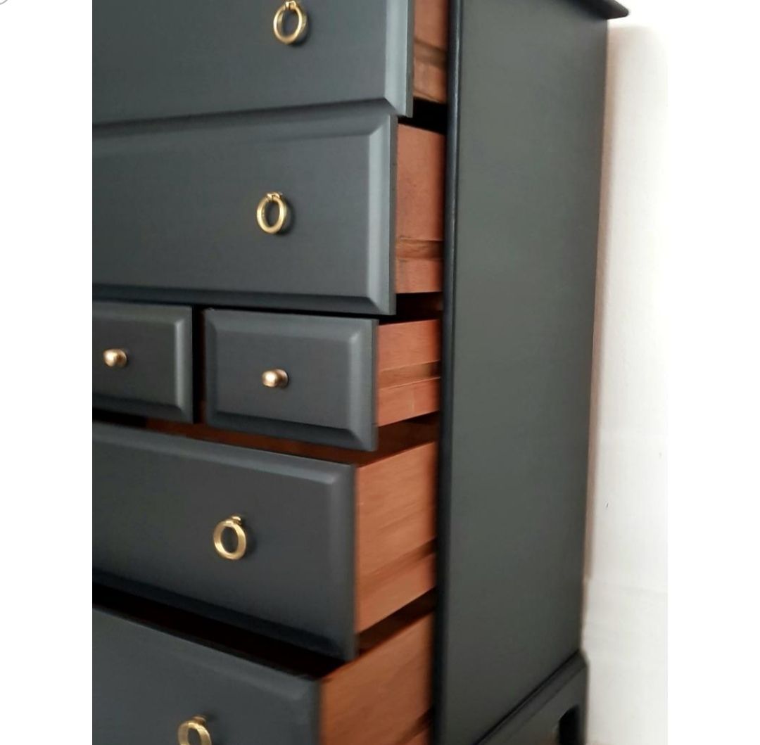 Stag Minstrel Painted Bedroom Set, Black Bedside Cabinets, Black Tallboy, Lowboy And & Chest Of Drawers. photo buy