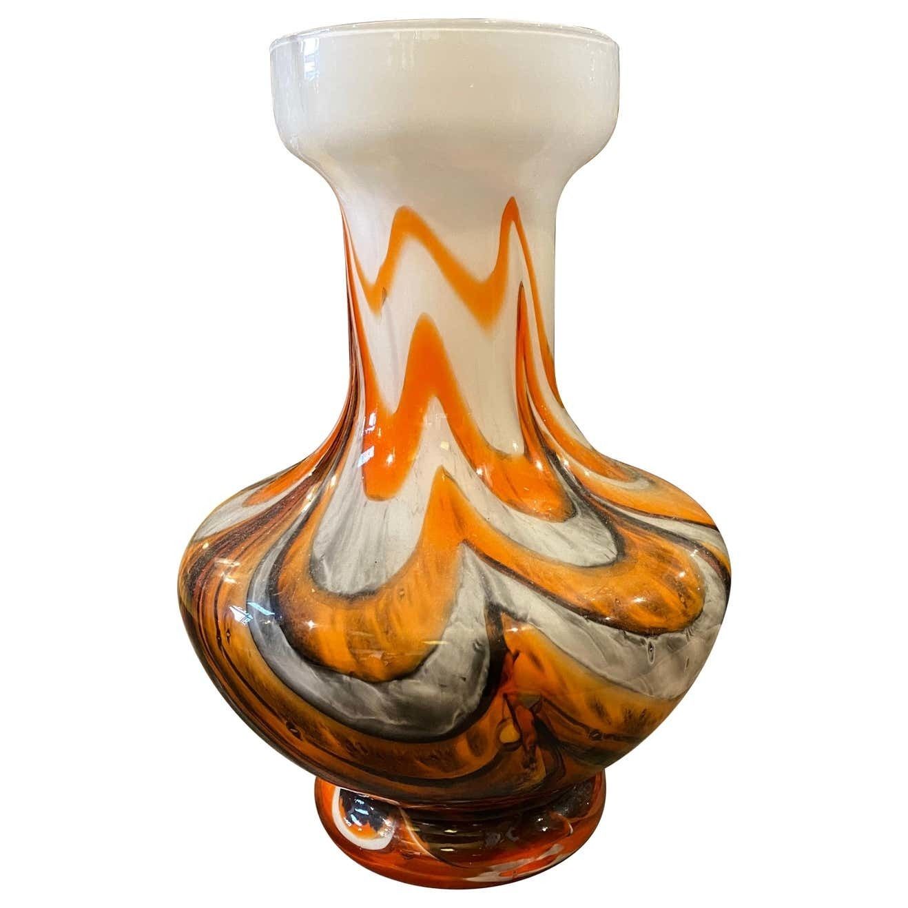 1970s Mid Century Modern Orange And Gray Opaline Glass Italian Vase