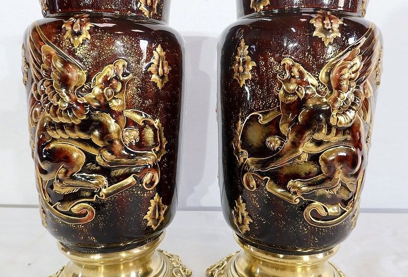 photo vinterior Pair Of Earthenware And Bronze Vases, By E. Gilles   2nd Half Of The 19th Century