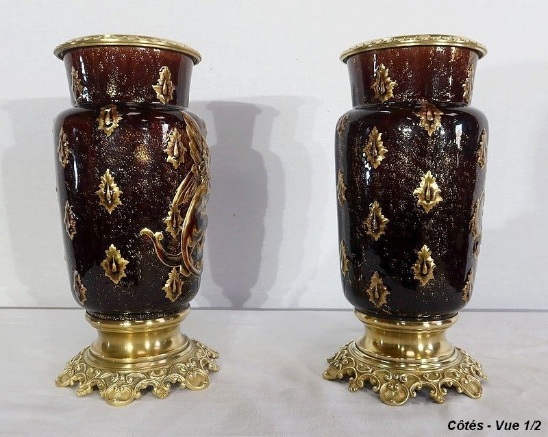photo buy Pair Of Earthenware And Bronze Vases, By E. Gilles   2nd Half Of The 19th Century