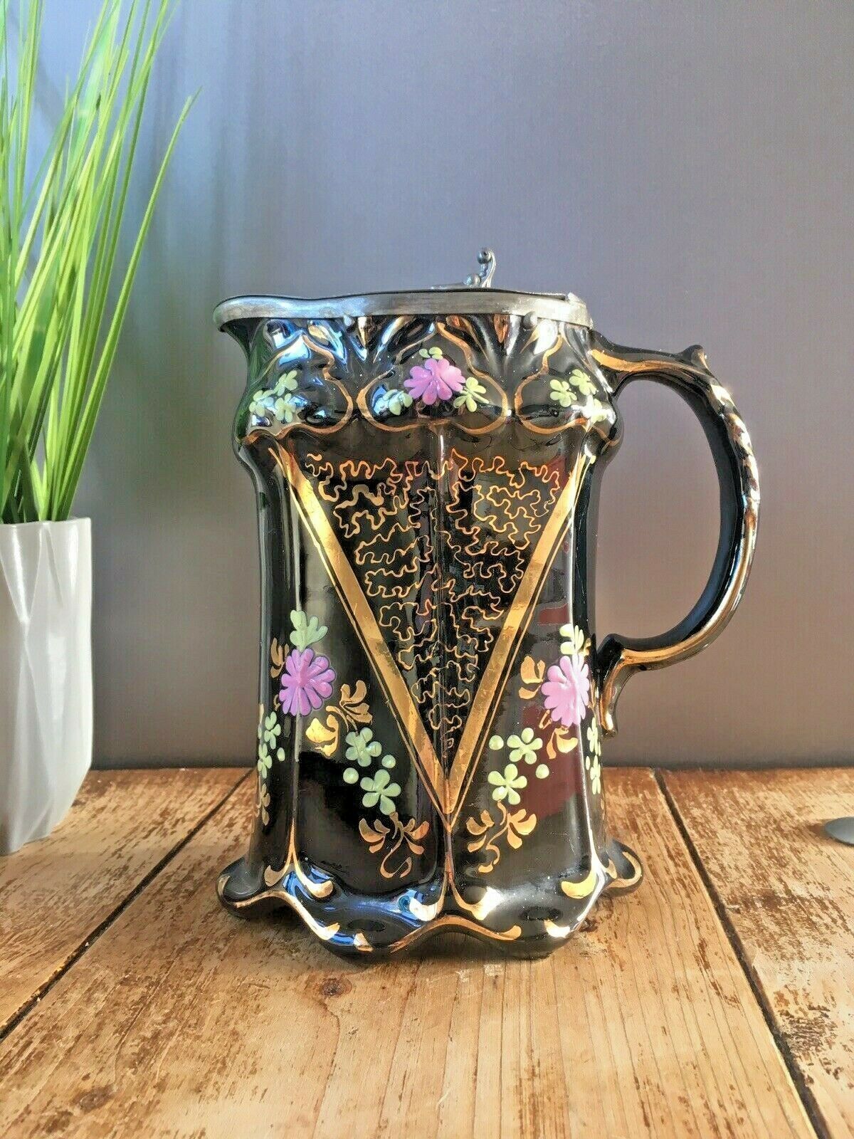 Victorian Jackfield Floral Gilded Pewter Lidded Hot Water Jug Gibsons Jetware photo furniture