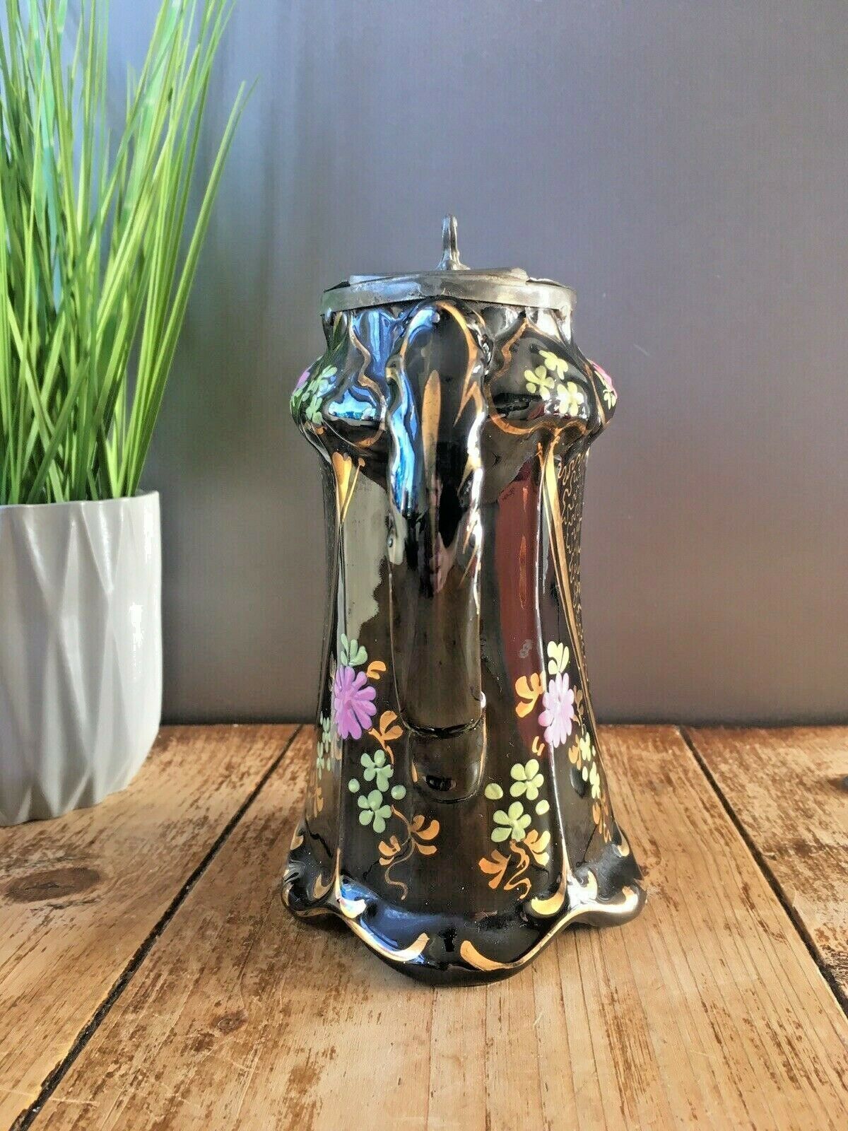 Victorian Jackfield Floral Gilded Pewter Lidded Hot Water Jug Gibsons Jetware photo 75.0