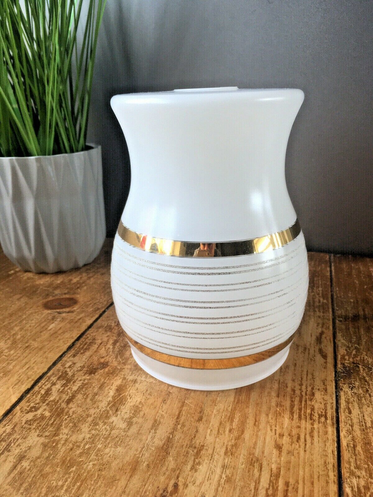 Retro 70's White Glass Gold Bands Striped Light Lamp Shade Mid Century Modern photo for sale
