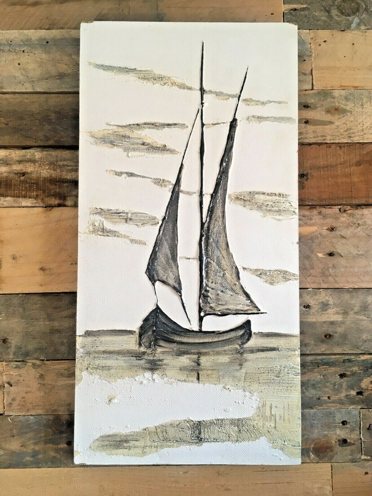 Art Large Mid Century 60's Sailboat Oil Painting Grey Clouds Seascape Abstract Art photo