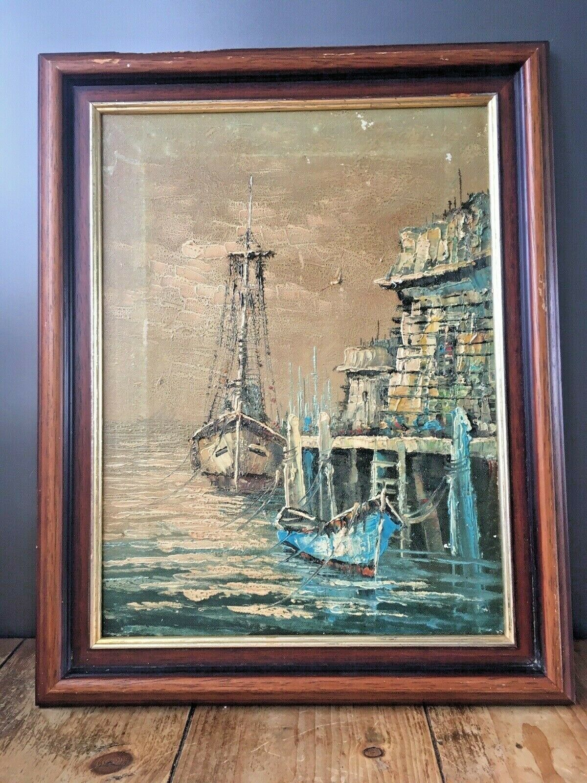 Large Mid Century 60's Sailboat Oil Painting Harbour Port Seascape Abstract Art photo Art
