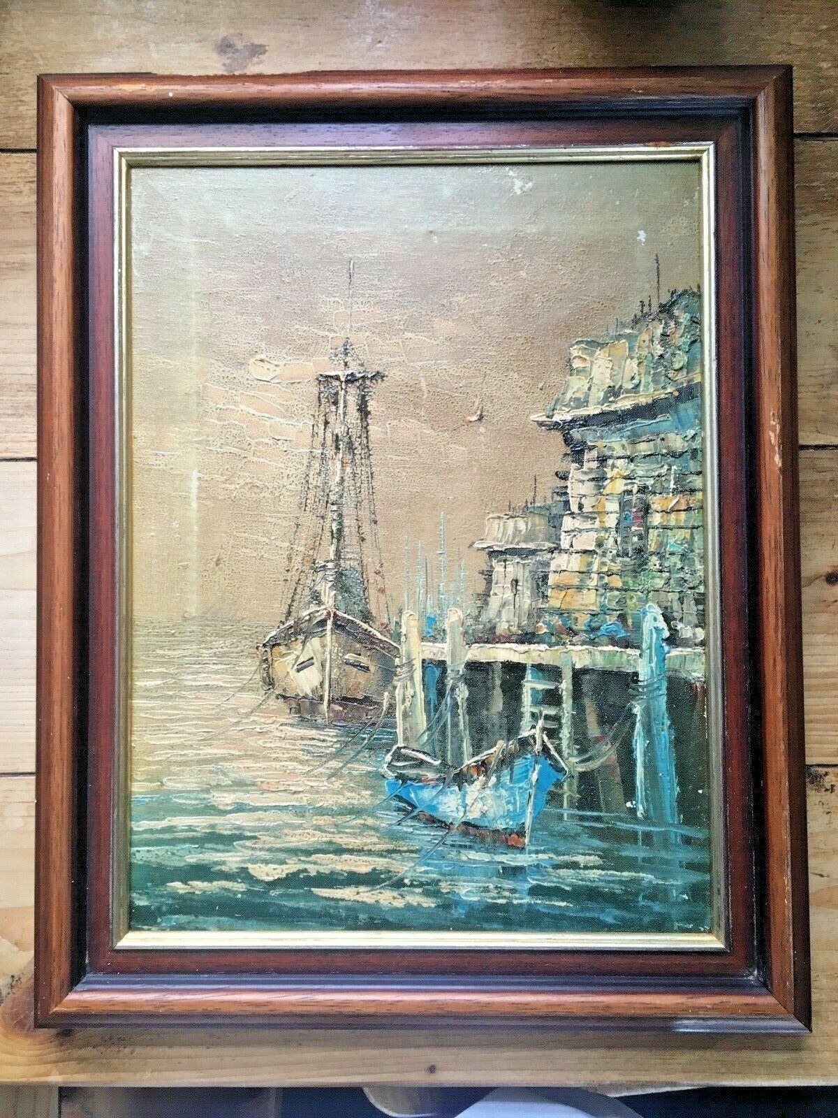photo for sale Large Mid Century 60's Sailboat Oil Painting Harbour Port Seascape Abstract Art