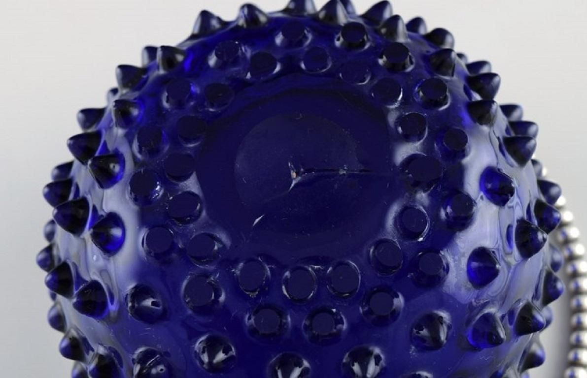 Danish Glass Art, Bonbonniere In Blue Art Glass With Silver Mounting And Handle photo vinterior