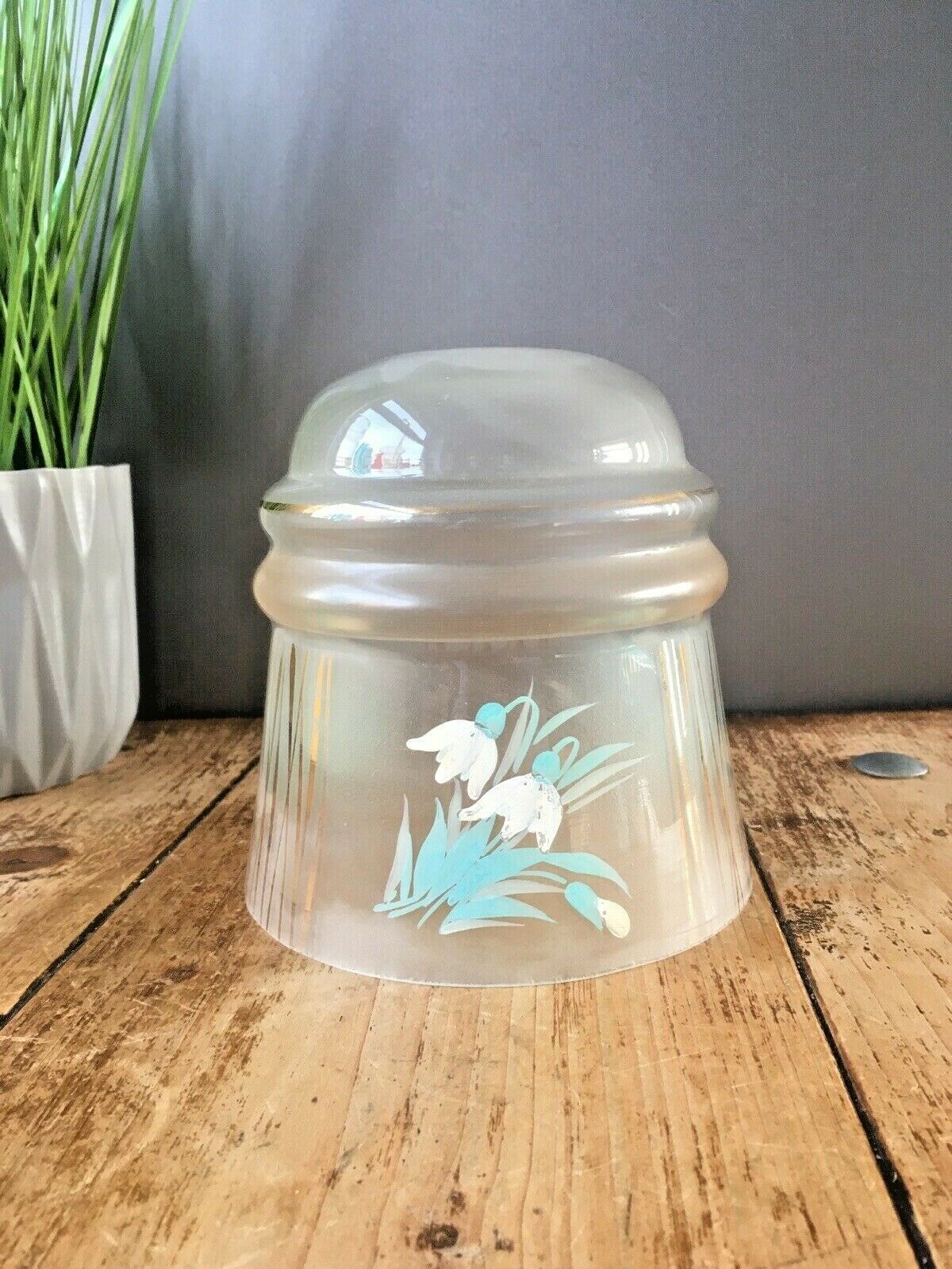 Lovely Vintage Art Deco Floral Painted Gold Gilt Zig Zag Glass Lamp Light Shade photo furniture