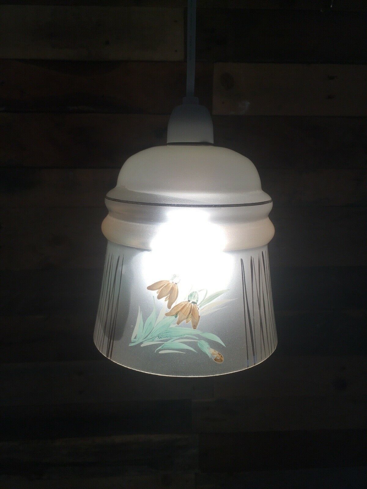 Lovely Vintage Art Deco Floral Painted Gold Gilt Zig Zag Glass Lamp Light Shade photo vintage