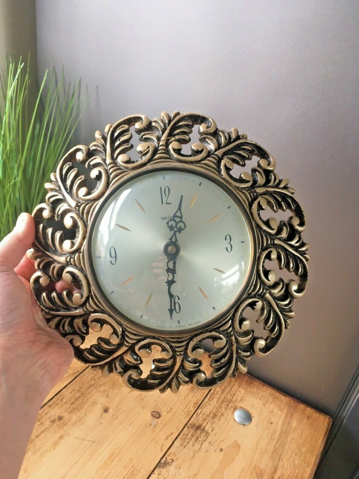 Mid Century Smiths Rococo Style Ornate Convex Battery Wall Clock 50's 60's 70's photo for sale