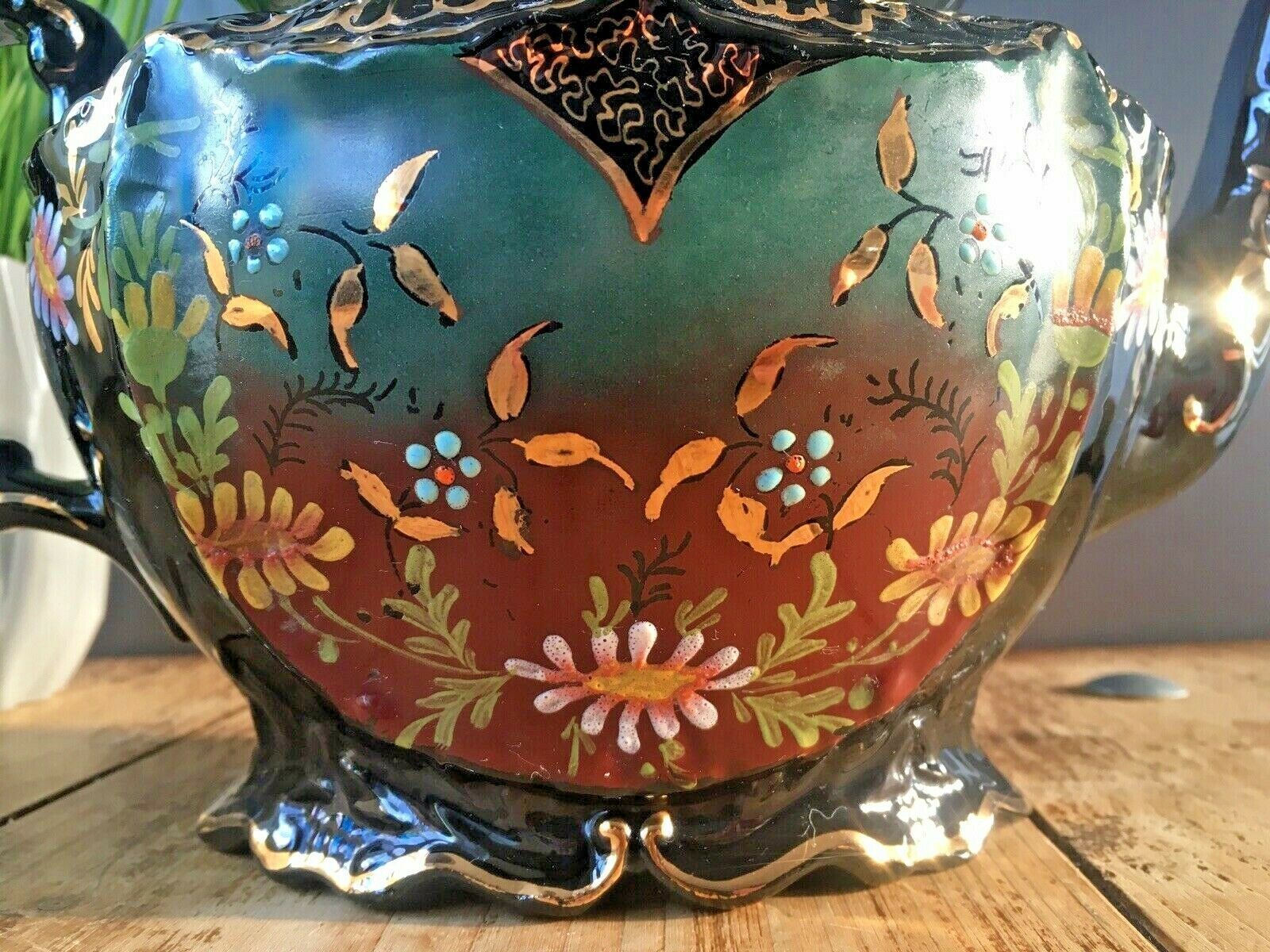Antique Victorian Jackfield Black Green Rust Gilt Floral Teapot Gibsons Jetware photo 110.0