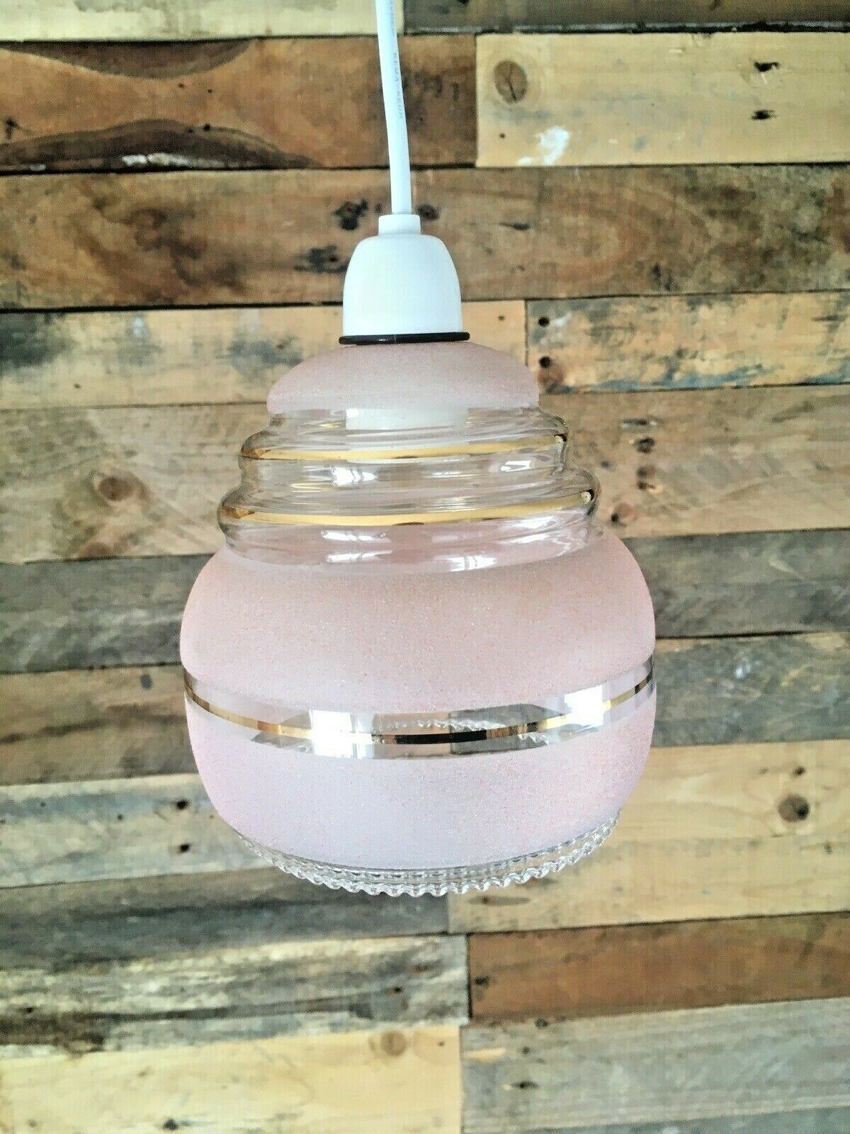 photo furniture Art Deco Pink Sugar Frosted Beehive Gilded Bands Glass Lamp Light Shade