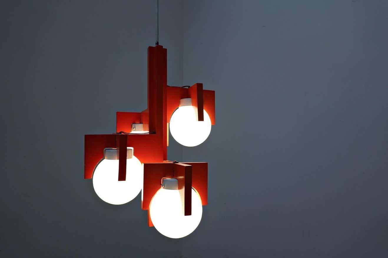 Lighting Mid Century Red Lacquered Wood And Opaline Suspension, Italy 1970s photo