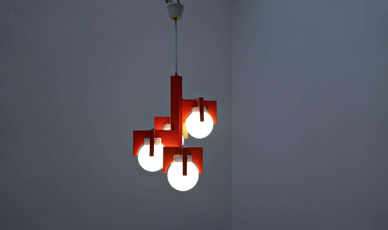 photo buy Mid Century Red Lacquered Wood And Opaline Suspension, Italy 1970s