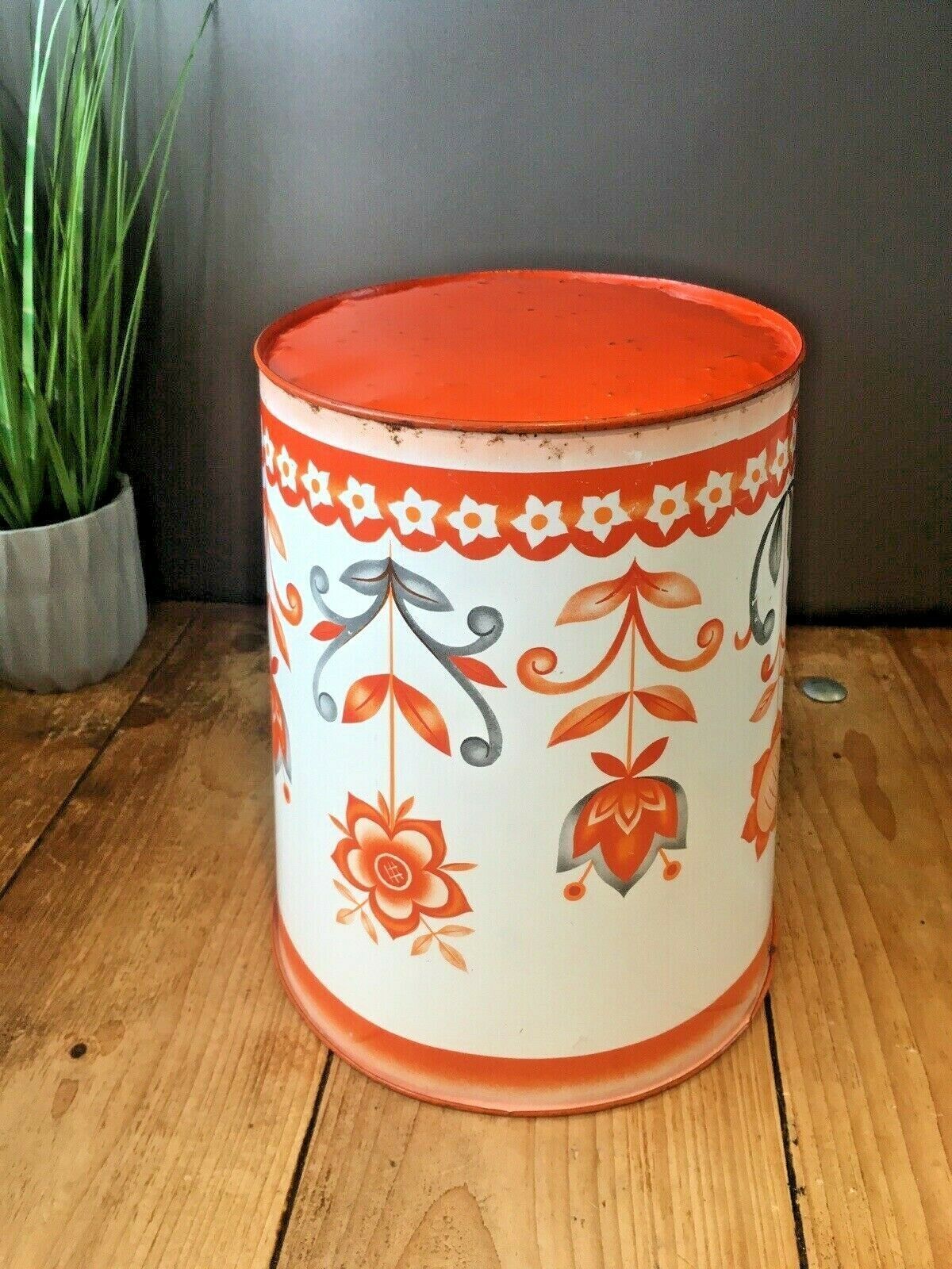Home Decor Retro 60's 70's Orange Floral Worcester Ware Tudor Tin Waste Paper Bin Scandi photo