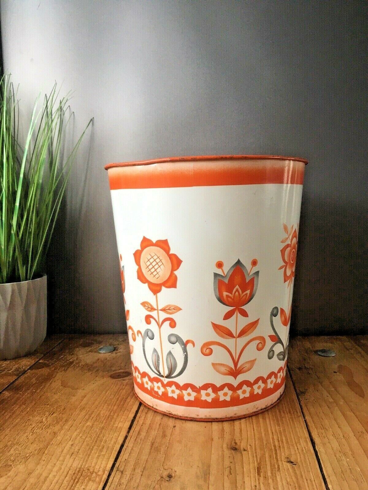 55.0 Retro 60's 70's Orange Floral Worcester Ware Tudor Tin Waste Paper Bin Scandi photo