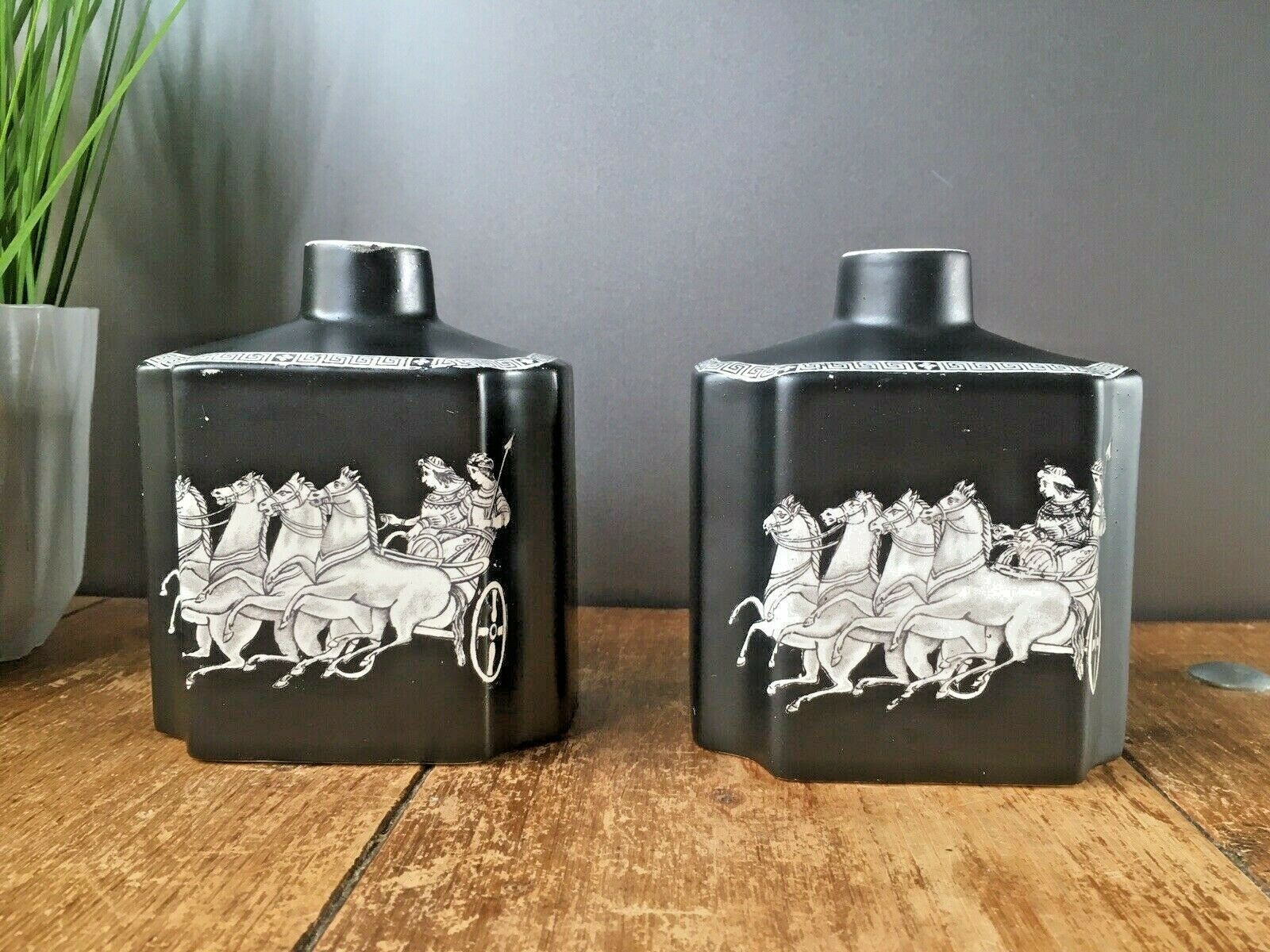 Beautiful Rare Pair Of Antique Neoclassical Adams Pottery Black Chariot Vases photo 110.0