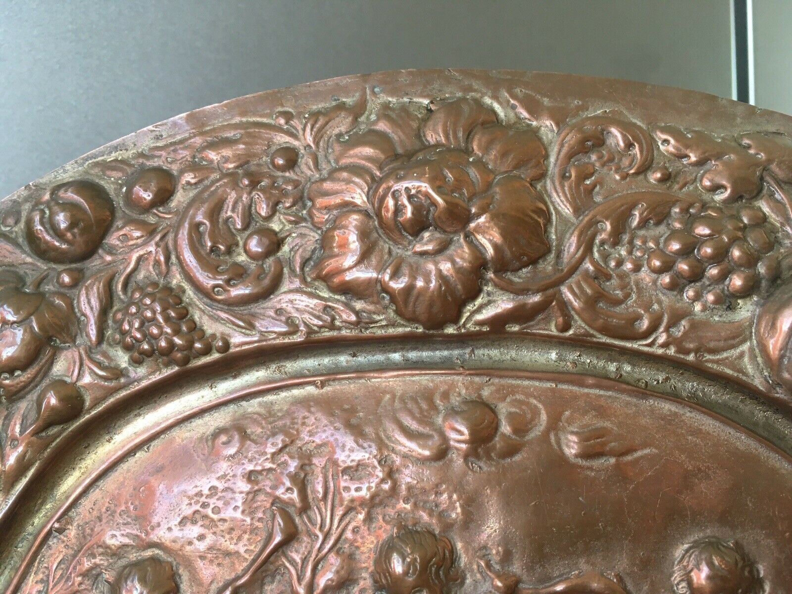 Antique Heavy Copper Plated Repousse Goat Cherub Neoclassical Scene Wall Plaque photo buy
