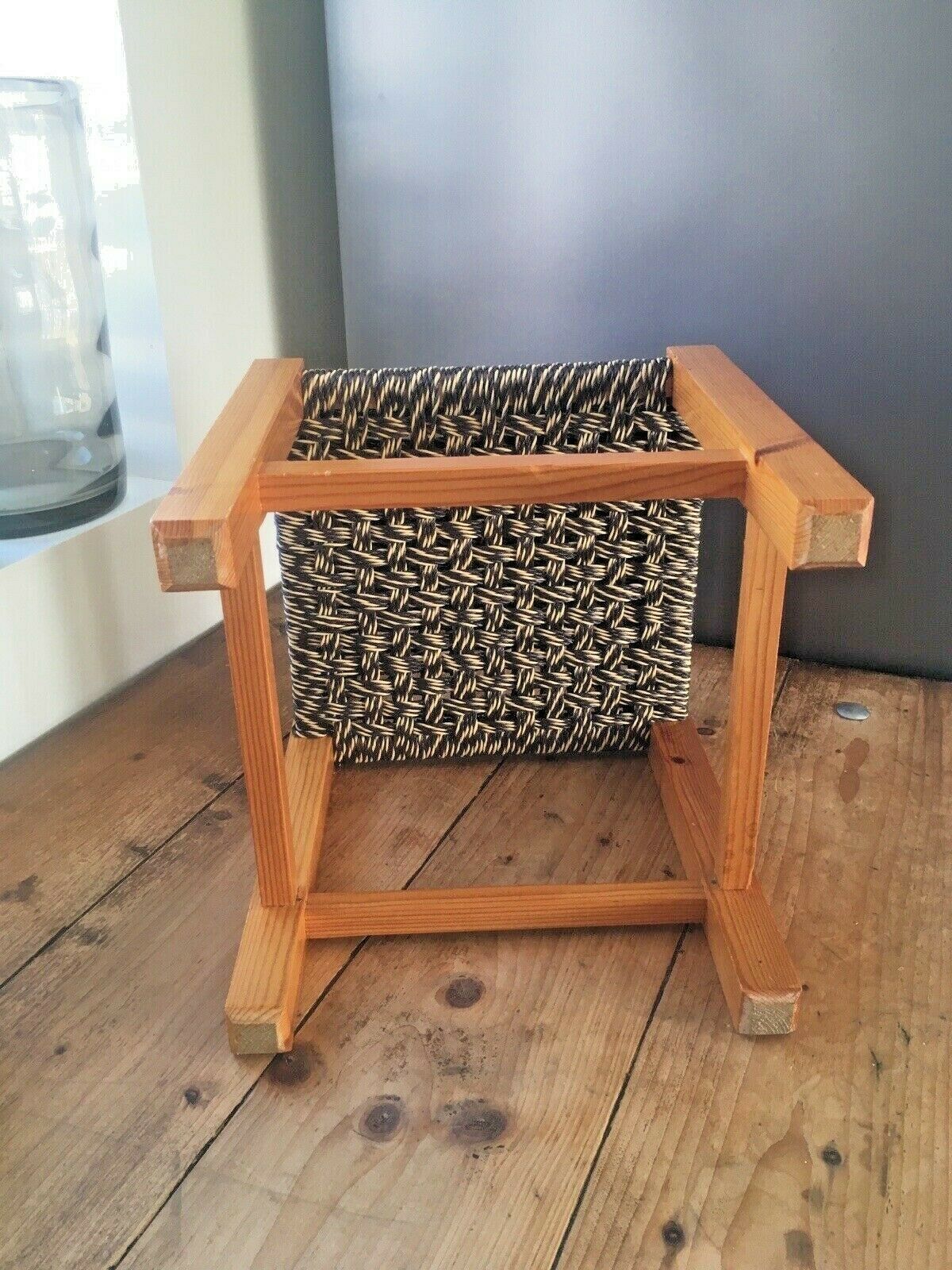 Brown & Yellow Retro Woven Raffia String Pine Footstool Mid Century Modern Stool photo vinterior