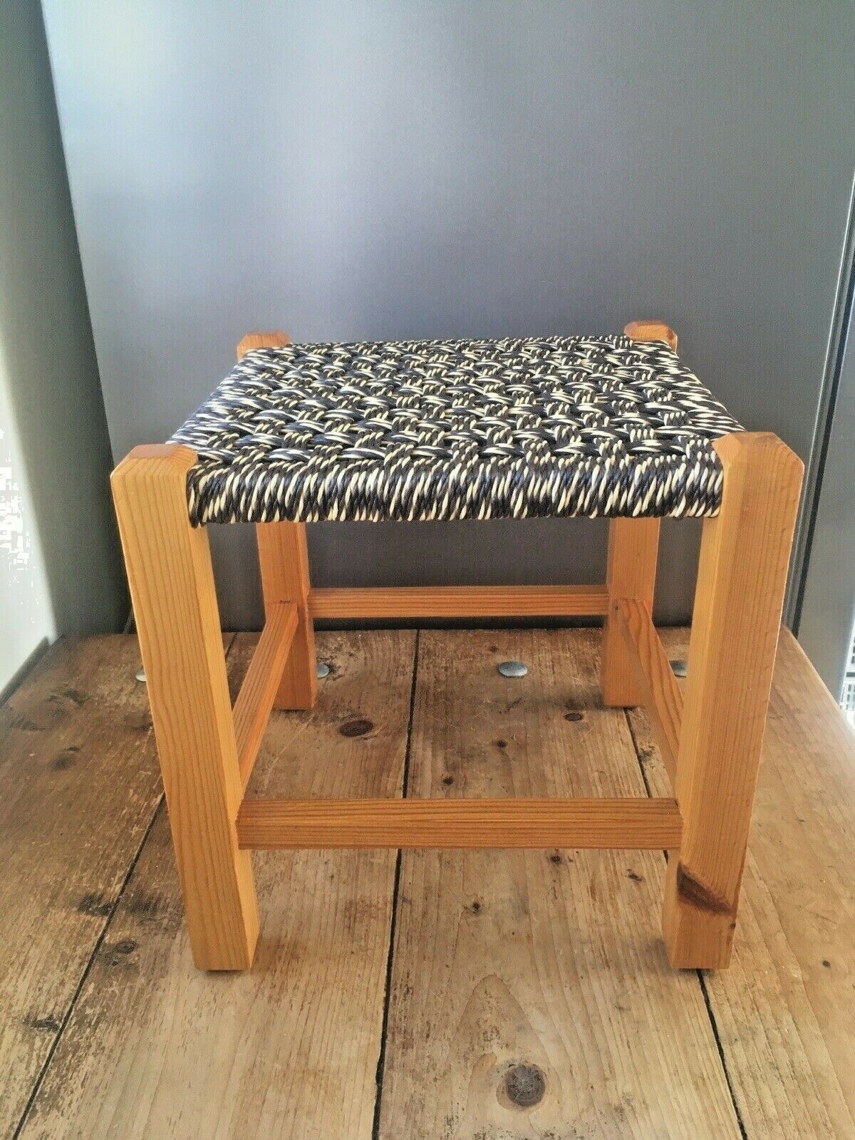 photo for sale Brown & Yellow Retro Woven Raffia String Pine Footstool Mid Century Modern Stool