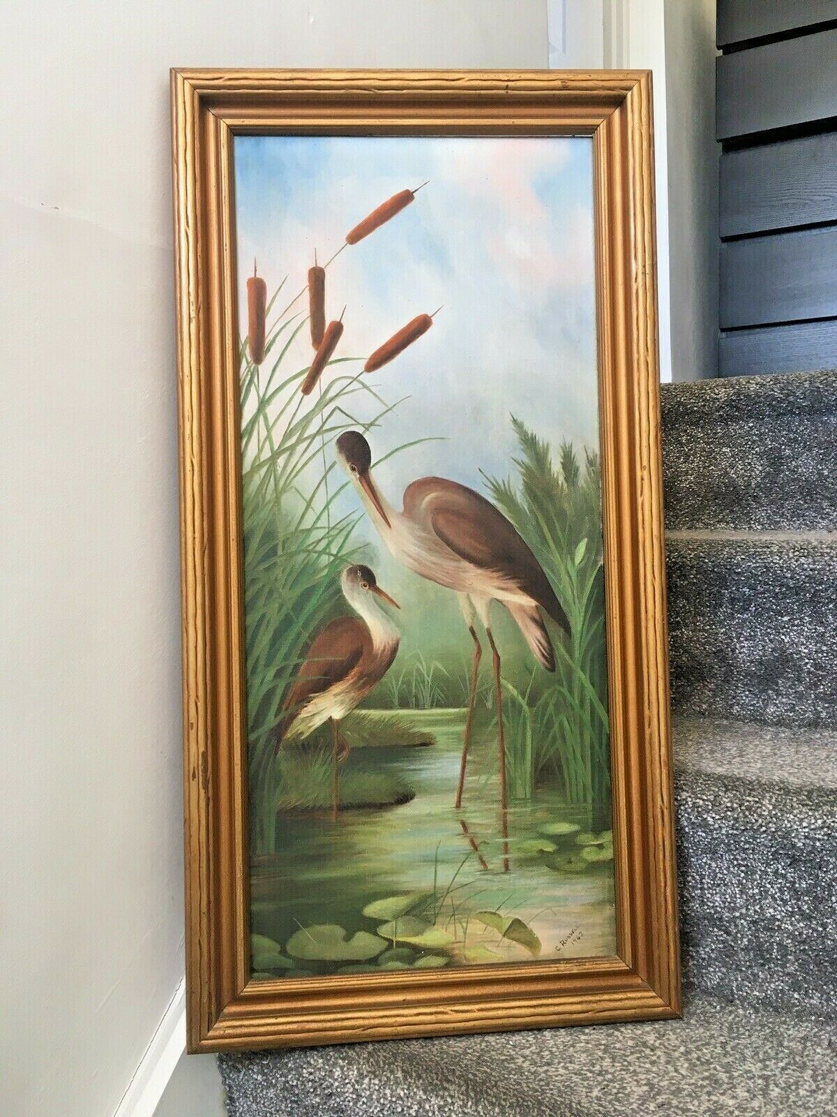 Aesthetic Movement Style Pond Herons Cattails Lily Pad C.Russell Framed Painting