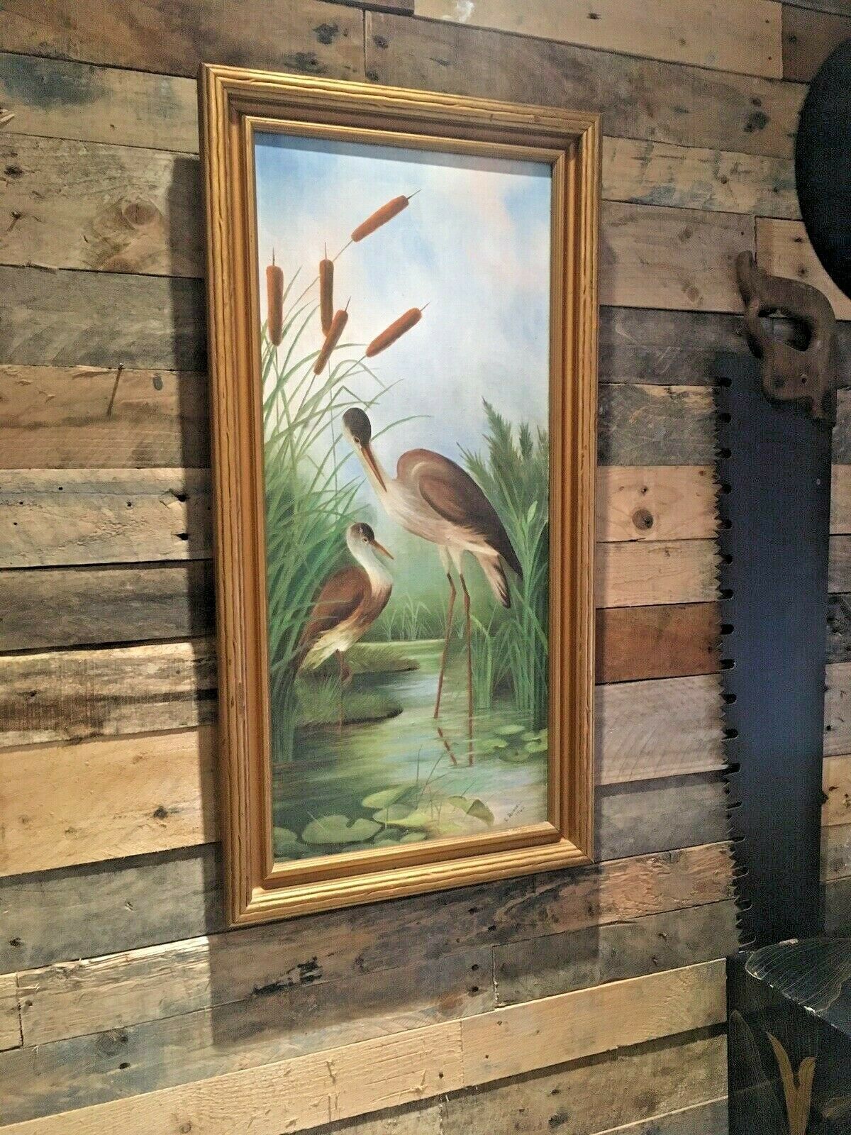 Aesthetic Movement Style Pond Herons Cattails Lily Pad C.Russell Framed Painting photo Art