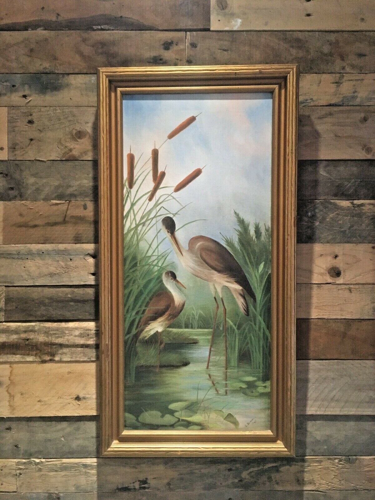 Art Aesthetic Movement Style Pond Herons Cattails Lily Pad C.Russell Framed Painting photo