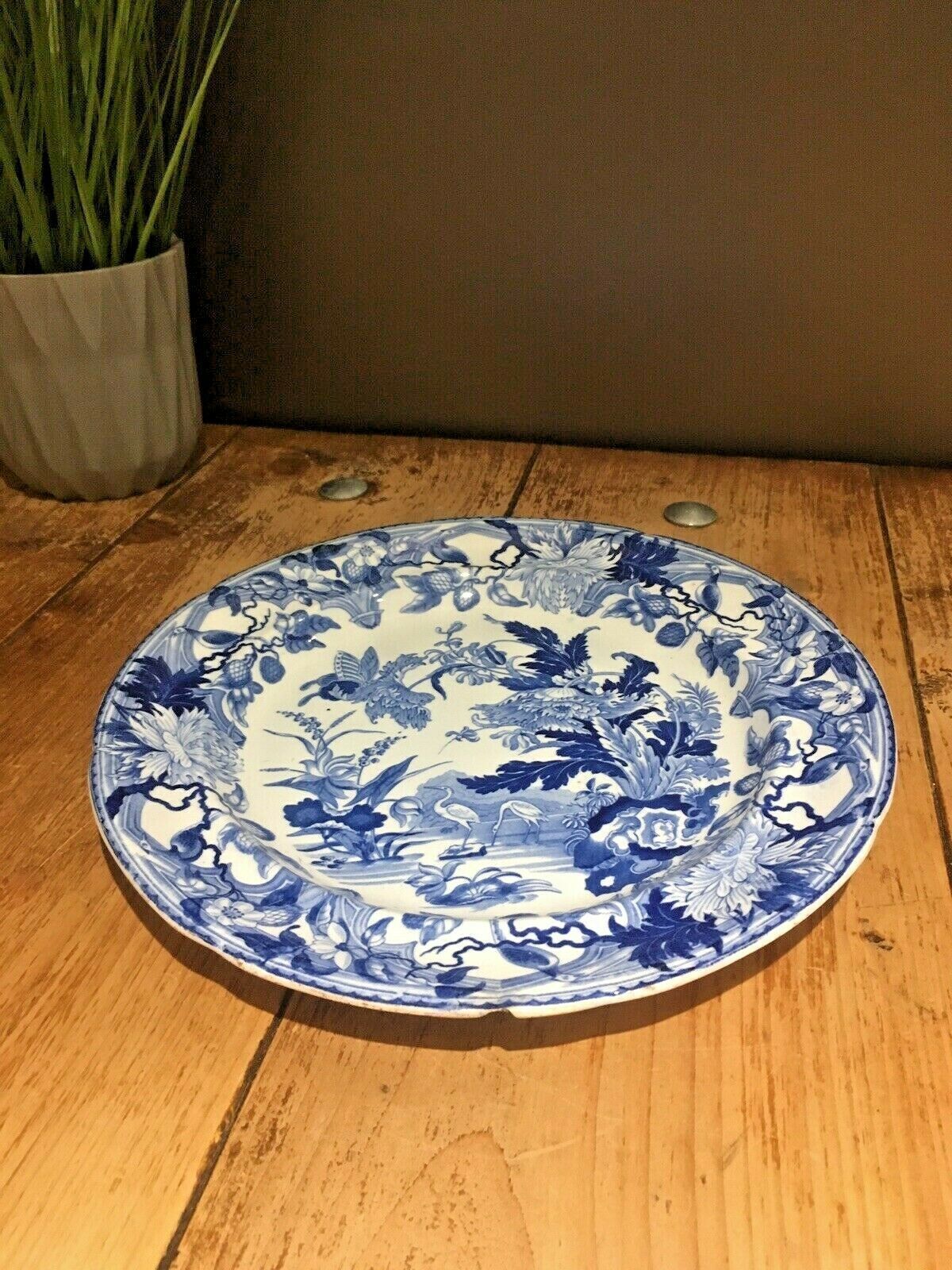 Rare Antique C1825 Wedgwood Blue & White Crane Pattern Chinoiserie Cabinet Plate photo vinterior