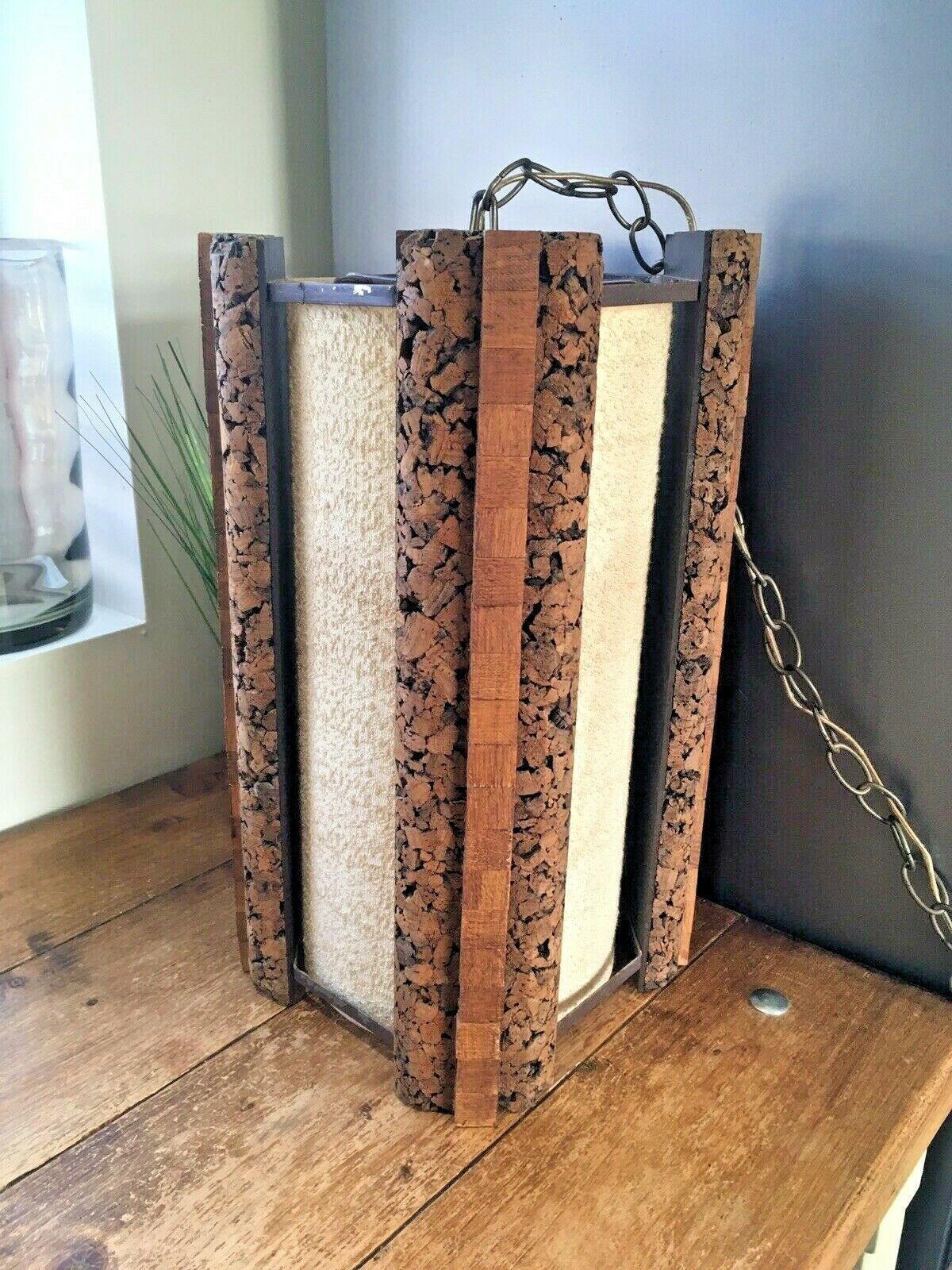 Huge Mid Century 1960's Danish Cork & Teak Ceiling Light Fabric Shade Mcm Scandi photo for sale