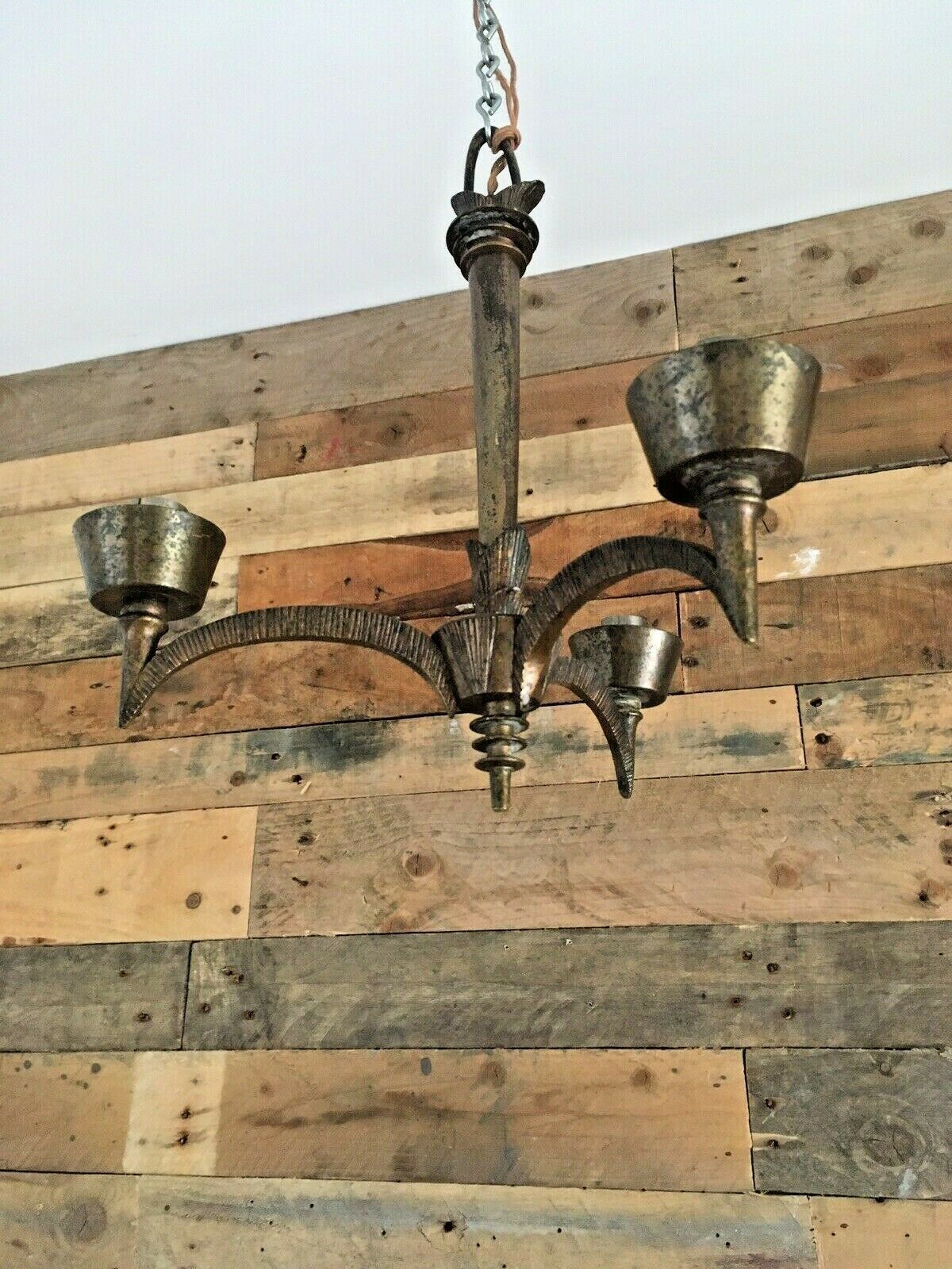 Unusual Antique 1920's French Bronze 3 Arm Ceiling Light Chandelier Gothic Discs