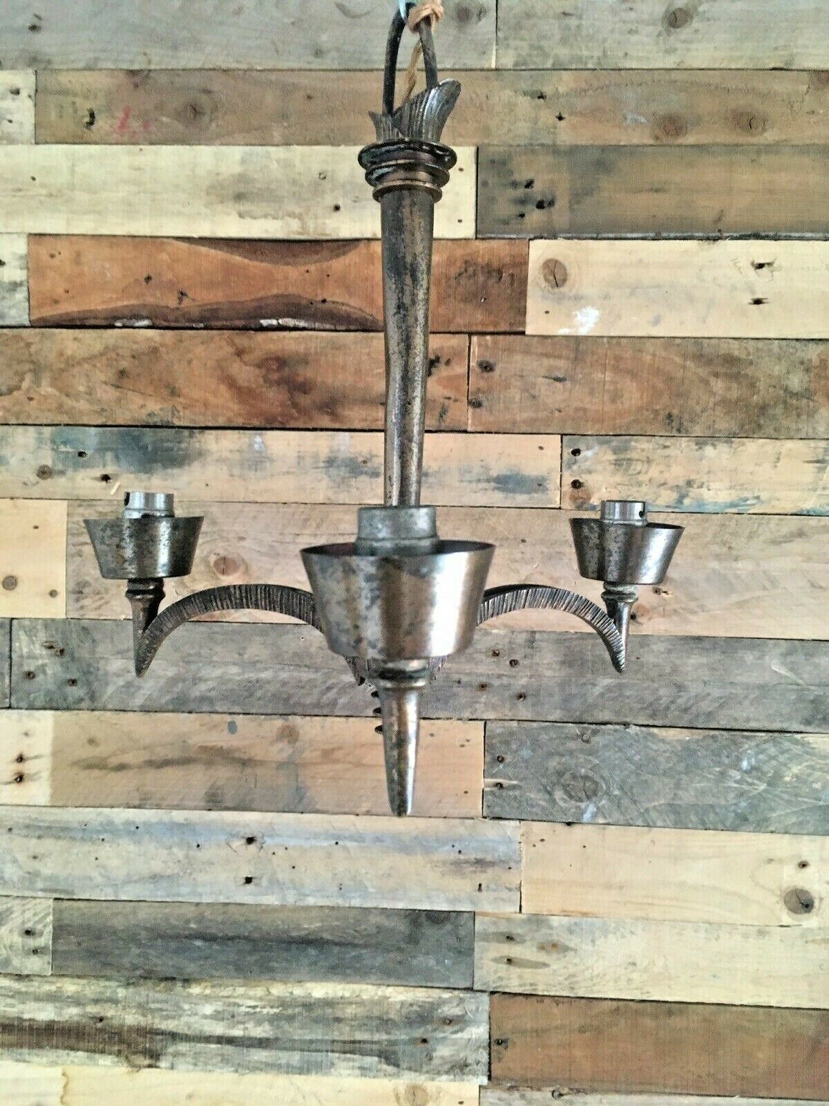 Lighting Unusual Antique 1920's French Bronze 3 Arm Ceiling Light Chandelier Gothic Discs photo