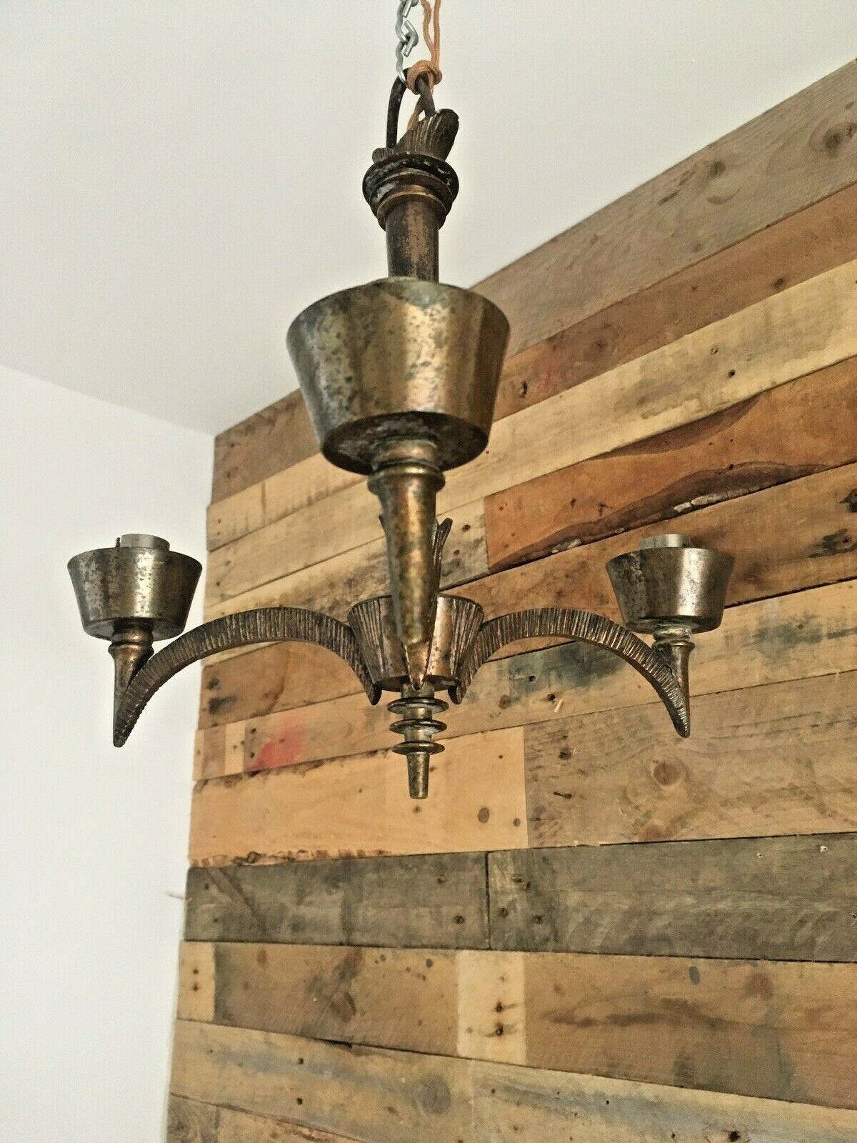 220.0 Unusual Antique 1920's French Bronze 3 Arm Ceiling Light Chandelier Gothic Discs photo