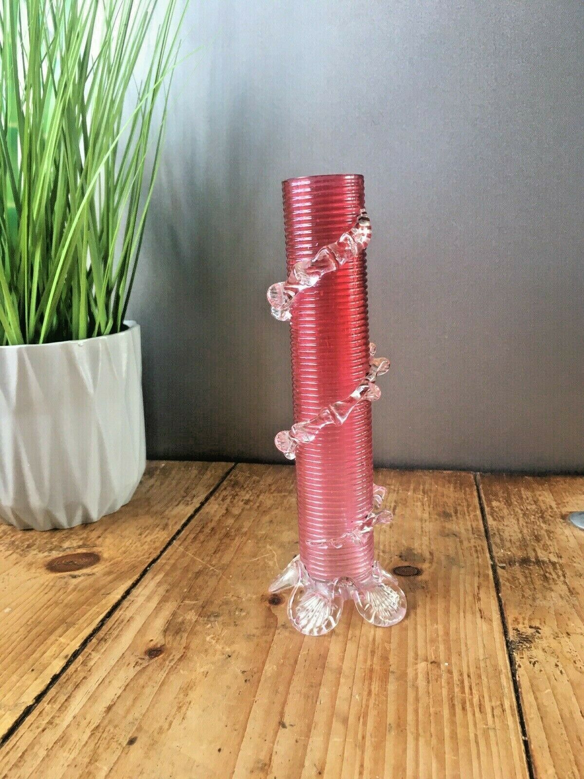 Antique Pink Cranberry Clear Applied Rigaree Footed Ribbed Glass Flower Bud Vase photo furniture