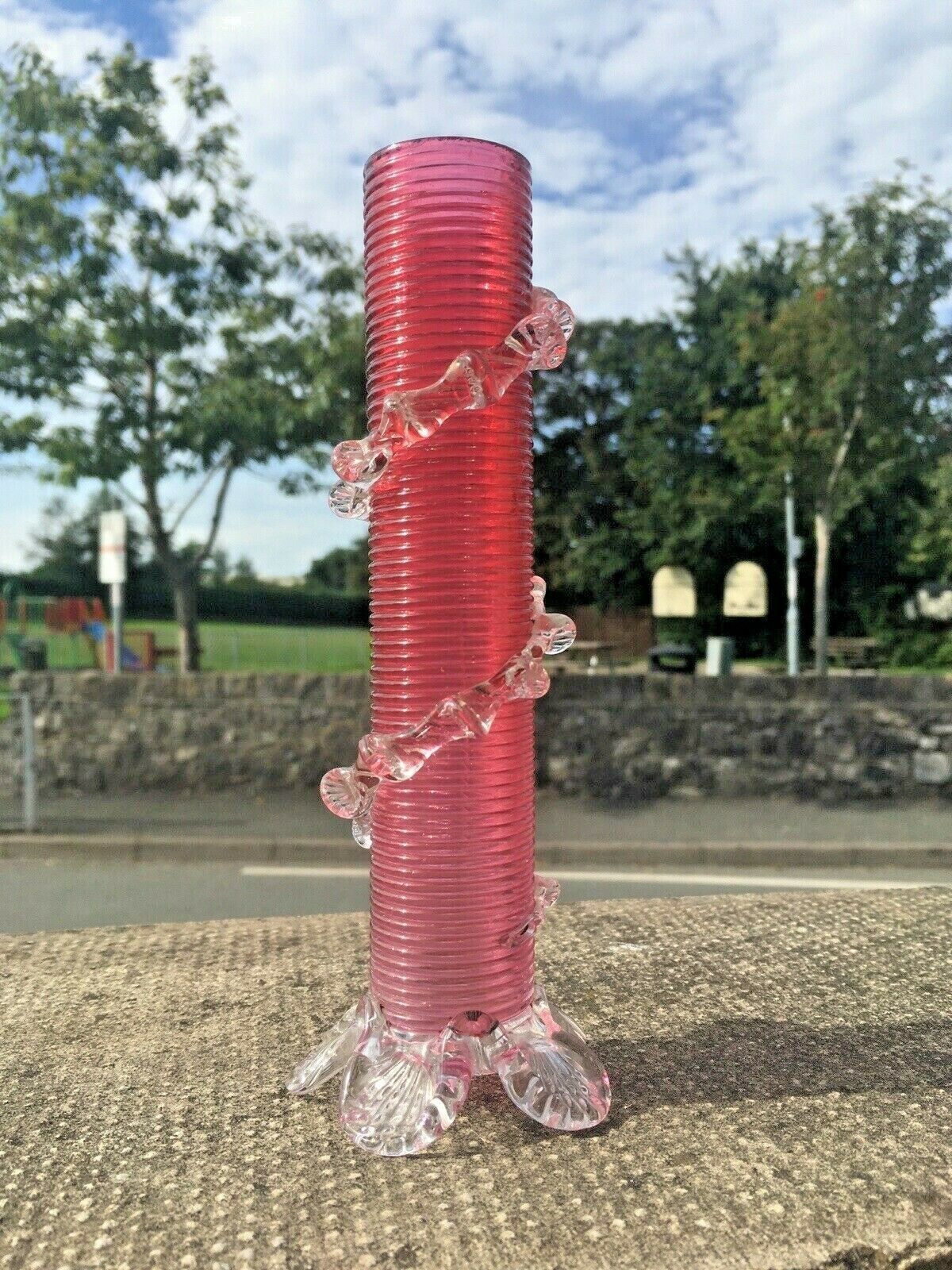 75.0 Antique Pink Cranberry Clear Applied Rigaree Footed Ribbed Glass Flower Bud Vase photo