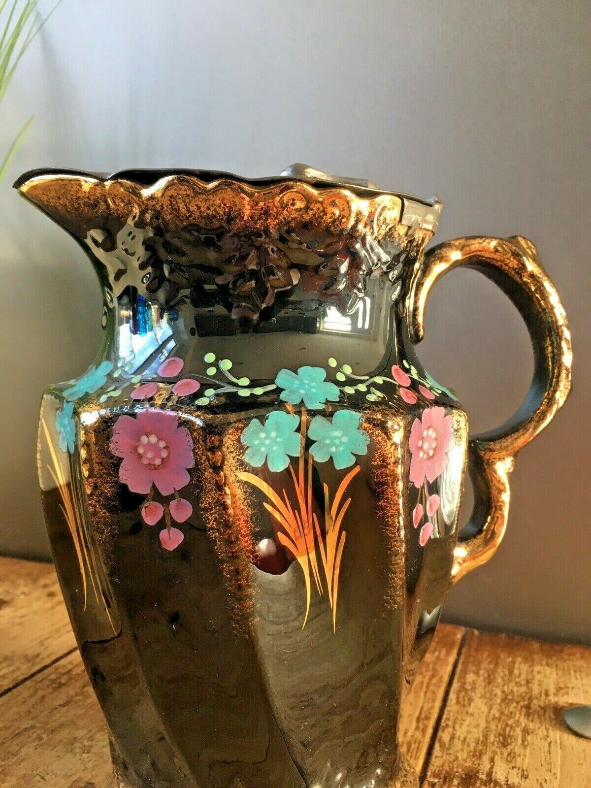 Victorian Jackfield Gilded Floral Pewter Lidded Hot Water Jug Gibsons Jetware photo furniture