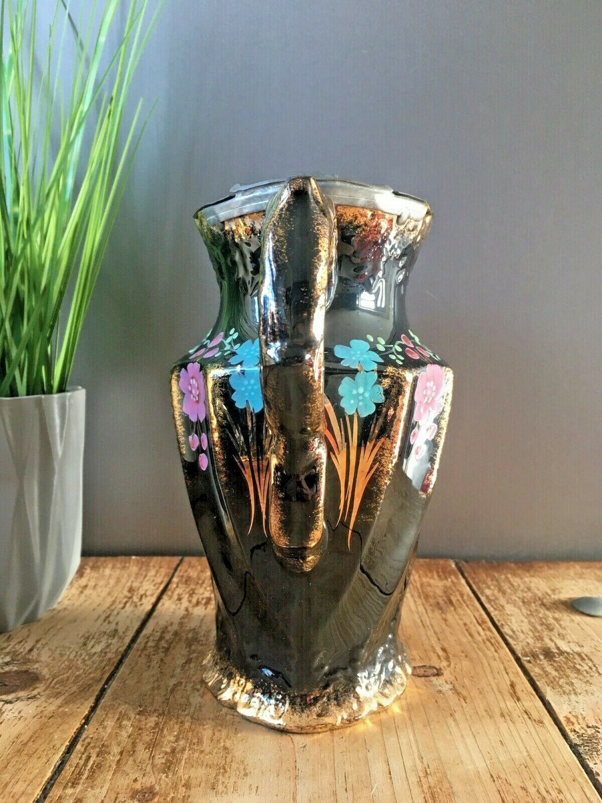Victorian Jackfield Gilded Floral Pewter Lidded Hot Water Jug Gibsons Jetware photo 65.0