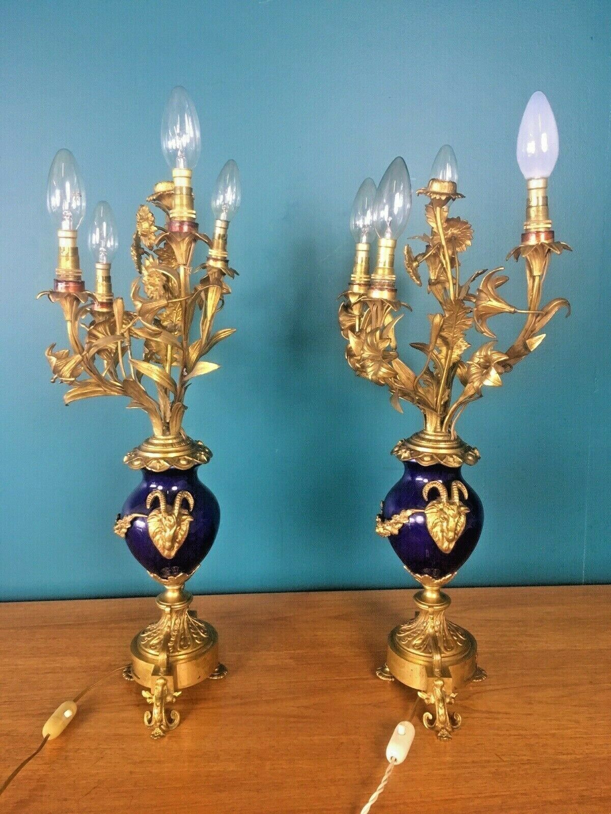 Antique Pair Of Cobalt Ormolu Louis XV Ram Candelabra Lamps Hollywood Regency photo buy