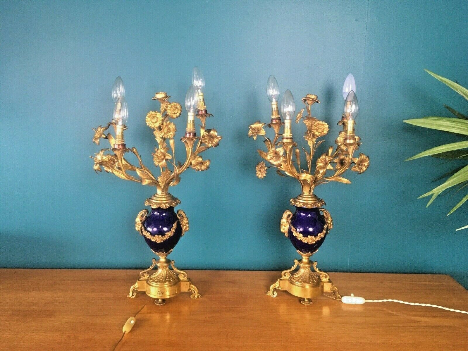 2400.0 Antique Pair Of Cobalt Ormolu Louis XV Ram Candelabra Lamps Hollywood Regency photo