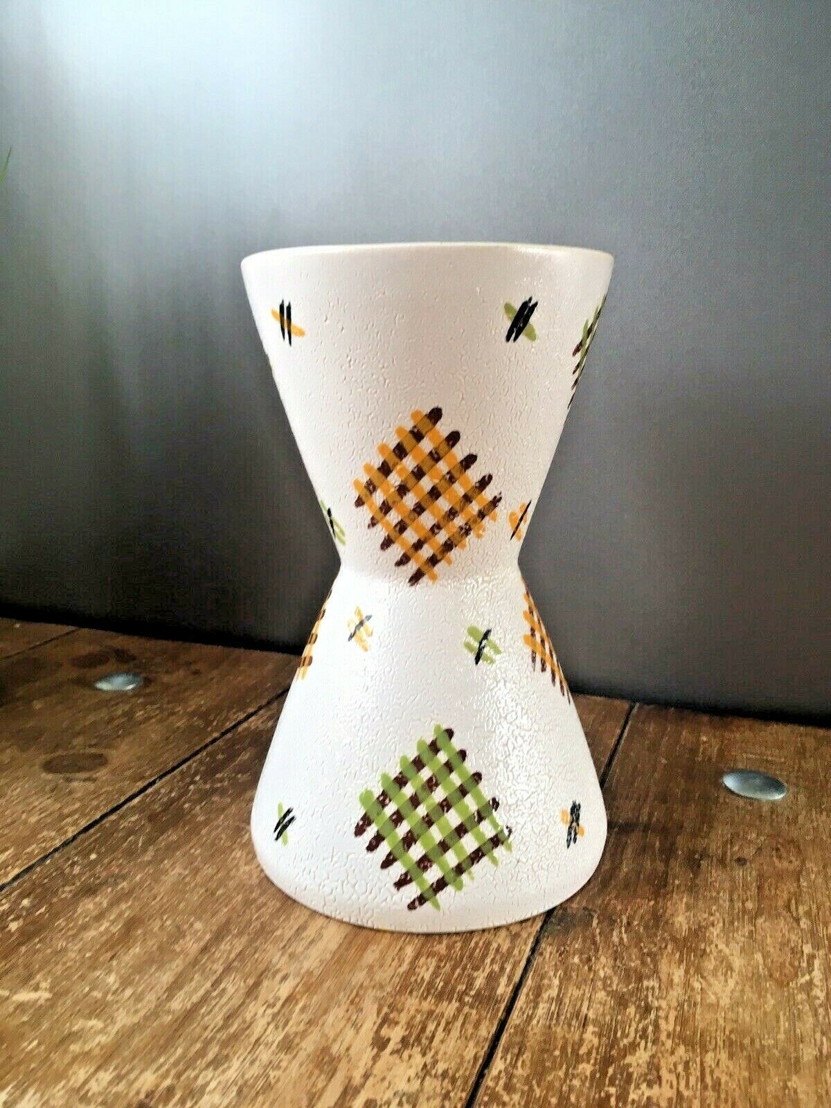 Large Mcm West German Or Italian Pottery Vase Green Orange Gingham Design Retro photo vintage