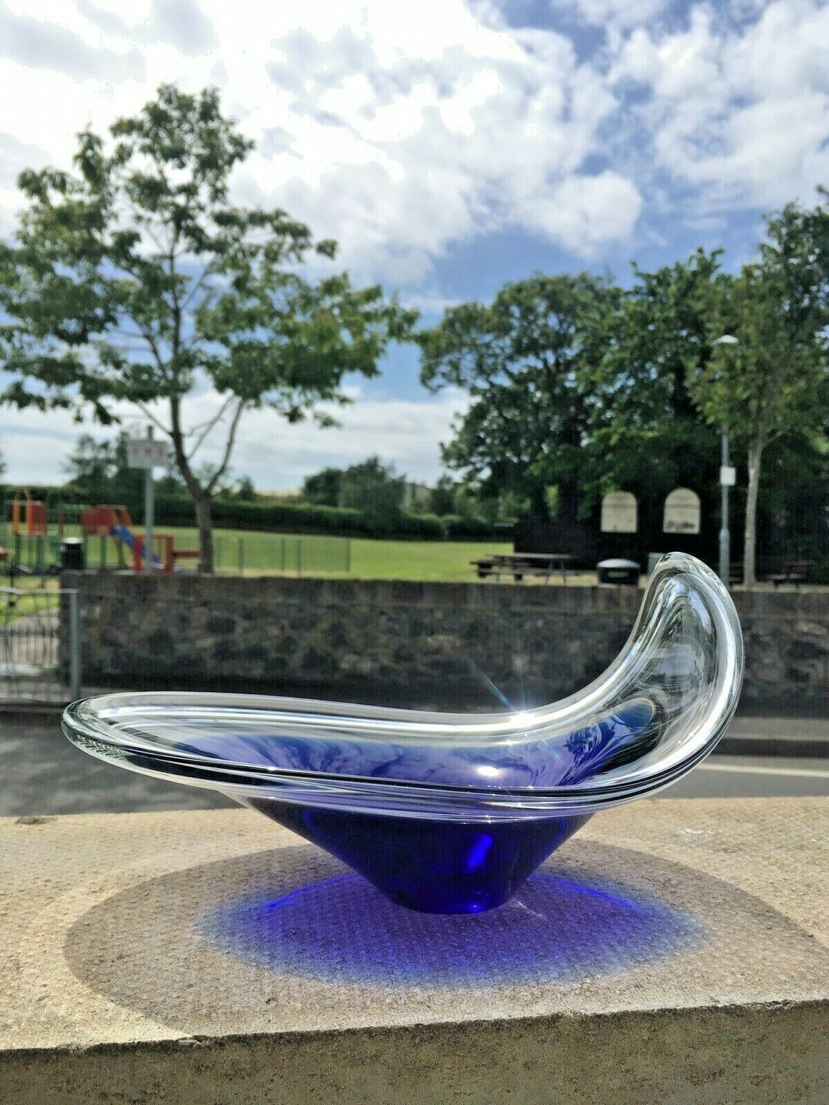 Mid Century Modern Swedish Flygsfors Blue Freeform Art Glass Bowl   Paul Kedelv photo furniture